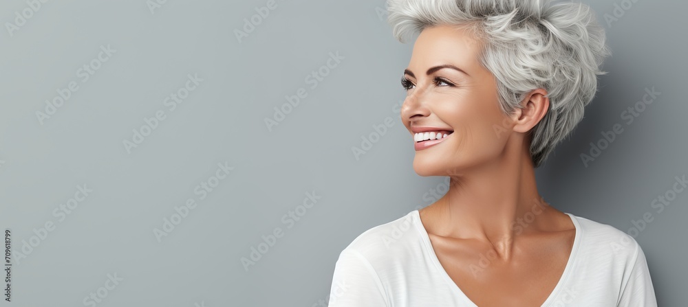 Radiant senior woman with gray hair, close up portrait in studio on gray wall with copy space Radiant senior woman with gray hair, close up portrait in studio on gray wall with copy space
