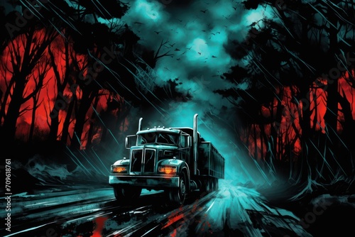  a painting of a semi truck driving down a road in a forest at night with red light coming from the headlights.