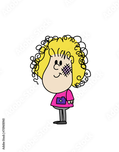 Hand drawn cartoon of a smiling blonde curly hair girl with a scratch on her cheek. Color line art character isolated on white background, concept of childhood and minor injury.
