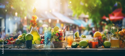 Tantalizing blurred bokeh background of bustling food festival with street food and festive drinks photo