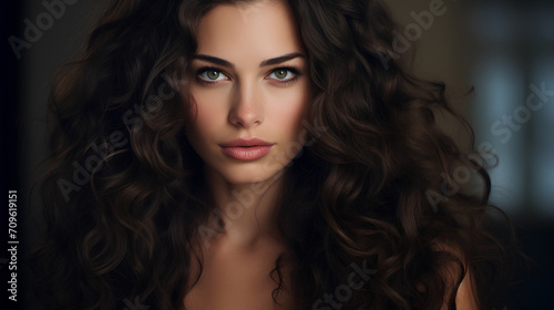 Beautiful woman with long curly brown hair, looking at camera