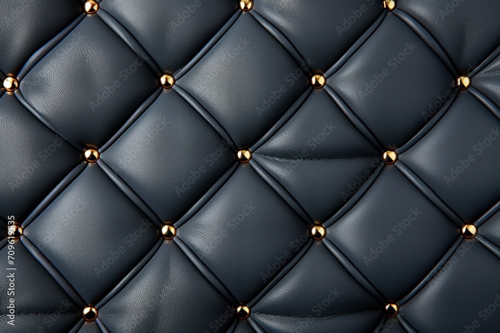 a close up of a black leather upholster with gold rivets and rivets on it. a close up of a black leather upholster with gold rivets and rivets on it.