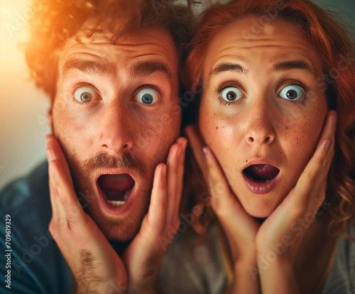 Shocked young couple with wide eyes and open mouths, surprise. 