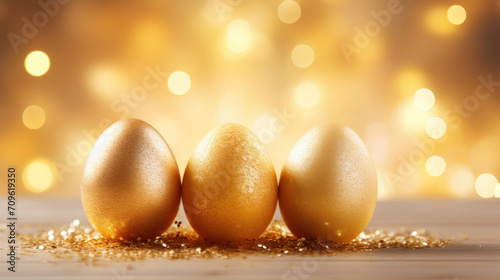 Three golden Easter eggs on a glittering backdrop, with defocused golden lights creating a warm festive mood.
