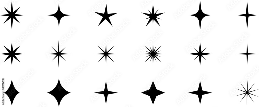 Cute decorative star elements, vector clip art collection of starburst silhouettes, isolated