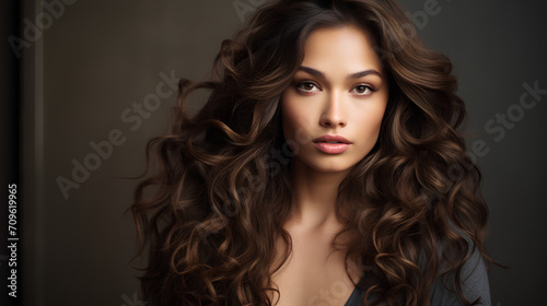 Beautiful Asian woman with long curly brown hair, looking at camera