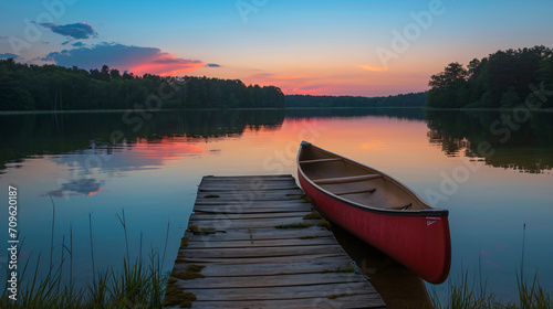 A calm lake with a wooden dock at sunset with a canoe resting by the waters edge.