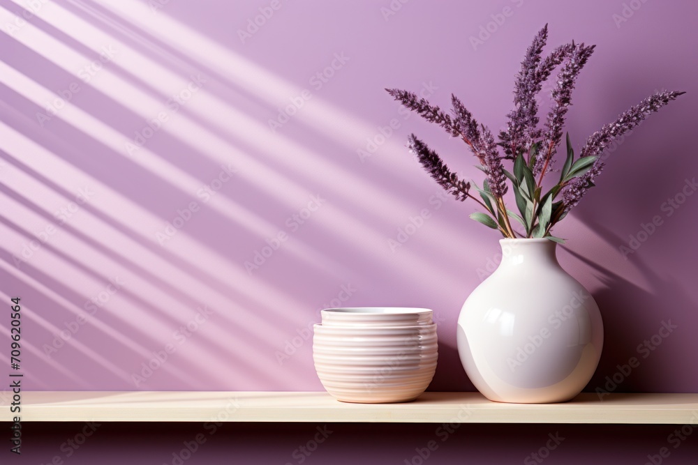 a white vase sitting on top of a wooden shelf next to a stack of white plates on top of a wooden table. a white vase sitting on top of a wooden shelf next to a stack of white plates on top of a wooden table.