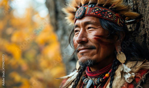 Joyful Indigenous man in traditional headdress, embodying cultural pride and heritage with a radiant smile against an autumnal blurred backdrop
