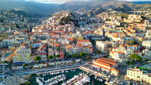 Sanremo, Italy. Aerial view of city port and skyline © jovannig