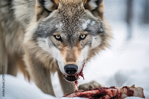 Wolf eating part of dead hunted prey animal in snow