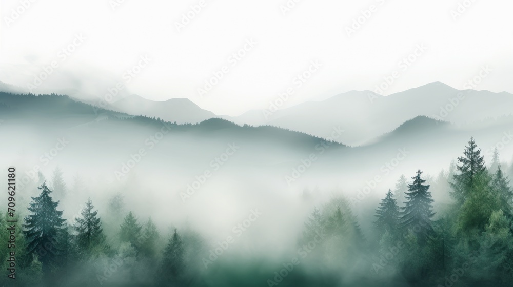  a forest filled with lots of trees on top of a mountain covered in fog and smothered in mist.
