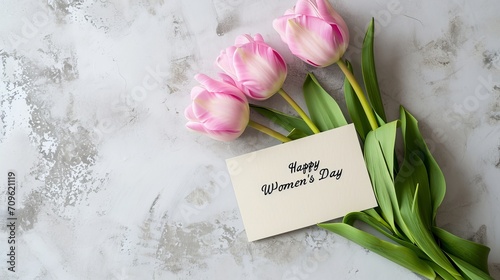 Elegant tulip grating card for women s day with  happy women s day  text on white backdrop
