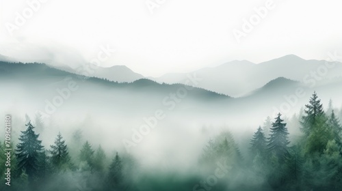  a forest filled with lots of trees on top of a mountain covered in fog and smothered in mist. © Nadia