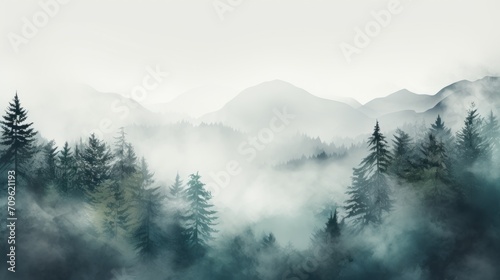  a painting of a foggy forest with mountains in the distance and trees on the far side of the picture. © Nadia