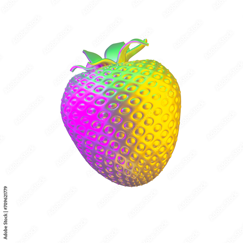 Metallic glossy strawberry model isolated in neon light. 3d rendering