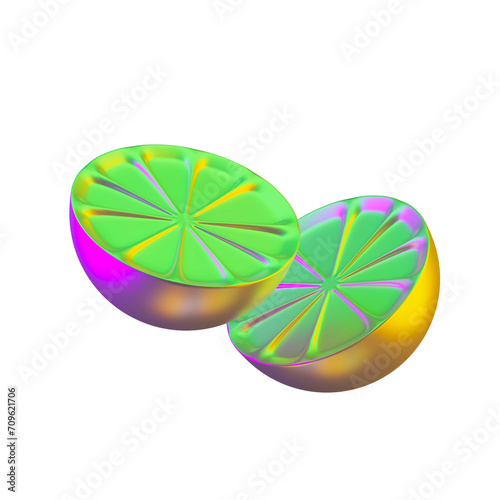 Metallic glossy lemon model isolated in neon light. 3d rendering