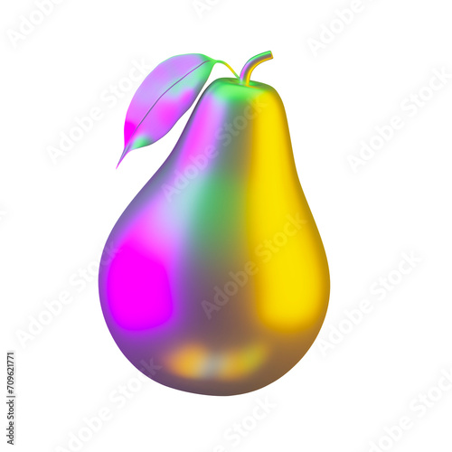 Metallic glossy pear model isolated in neon light. 3d rendering
