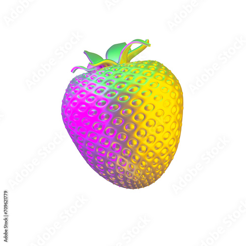 Metallic glossy strawberry model isolated in neon light. 3d rendering