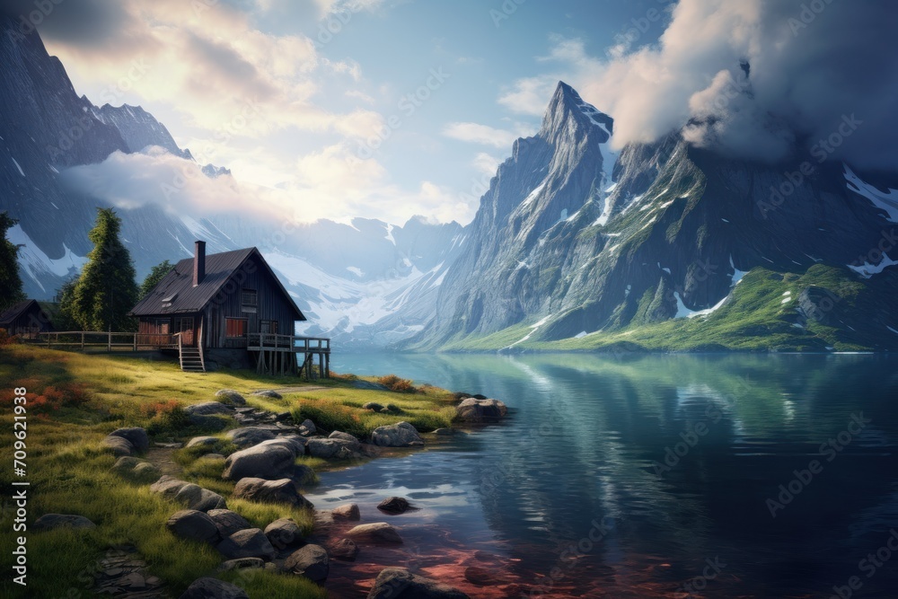  a painting of a cabin on the shore of a lake with mountains in the background and clouds in the sky.