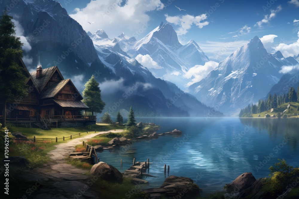  a painting of a mountain lake with a house in the foreground and a mountain range in the back ground.