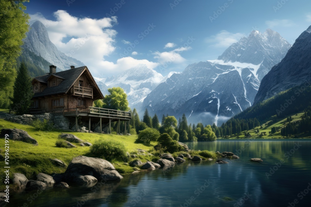  a painting of a cabin on a mountain with a lake in front of it and a mountain range in the background.