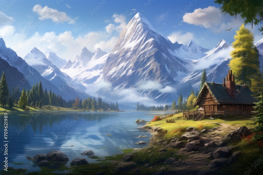  a painting of a mountain lake with a cabin in the foreground and a snow capped mountain in the background.