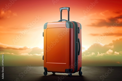 Travel suitcase on the background of the sunset.
