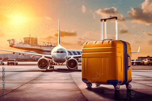 Travel suitcase and airplane on the airport runway. Travel and vacation concept photo