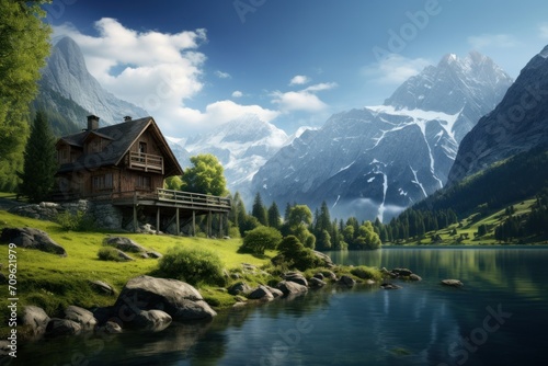  a painting of a cabin on a mountain with a lake in front of it and a mountain range in the background.