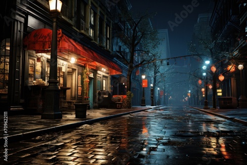  a wet city street at night with a red awning on the side of the street and lights on the side of the street. © Nadia