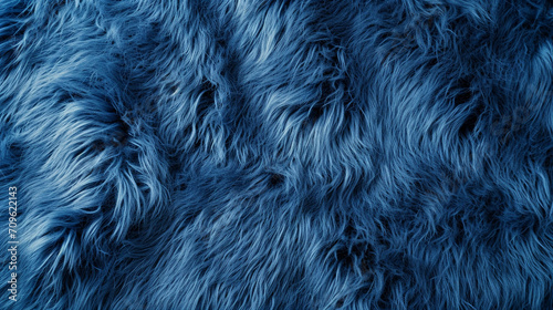 Blue fur for background or texture. Fuzzy blue fur plaid. Shaggy blanket background. Fluffy fake textile fur. Flat lay, top view, copy space