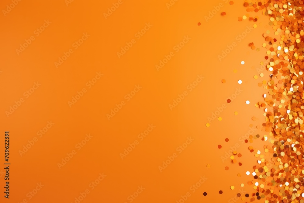  a bunch of gold confetti sprinkles on an orange background with a place for a text.