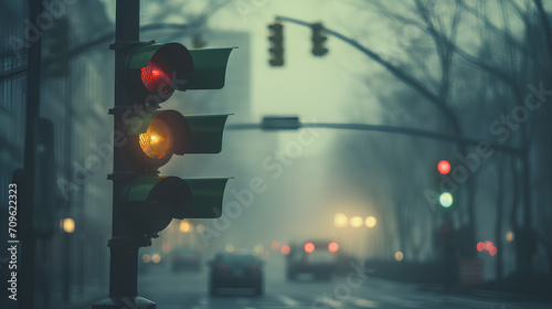 Red and Yellow light on pedestrian traffic light signalization in foggy winter morning photo