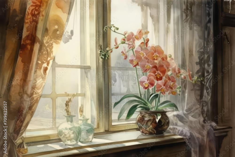 a painting of a window sill with a vase of flowers in front of it and a curtain behind it. a painting of a window sill with a vase of flowers in front of it and a curtain behind it.