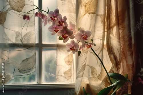  a vase filled with pink flowers on top of a window sill next to a window covered in sheer curtains.
