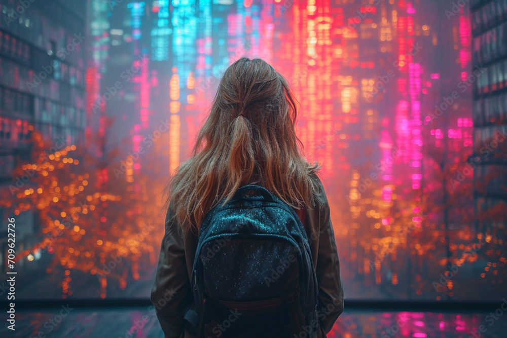 View on illustration of woman in neon modern city at night