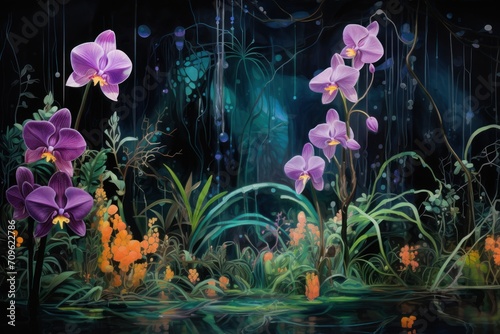  a painting of purple orchids in a garden of green and orange flowers with a pond in the foreground.