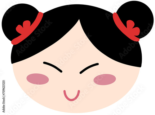 Girl with hair buns and red ribbons, cartoon face