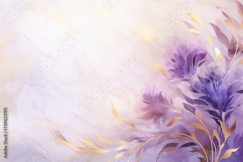  a painting of purple flowers and gold leaves on a white and purple background with a light blue sky in the background.