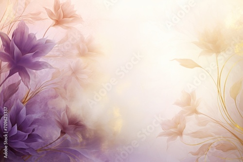  a painting of purple and yellow flowers on a white and pink background with a yellow and purple flower on the right side of the frame.