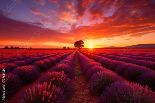  a beautiful sunset over a lavender field with a lone tree in the middle of the field in the foreground.