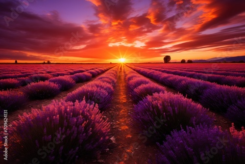  a sunset over a lavender field with the sun setting in the distance and clouds in the sky over the horizon.
