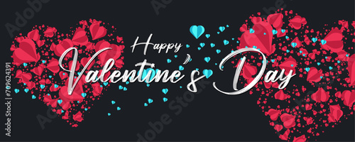 Happy Valentine's Daly banner. Romantic love holiday design with big heart made of red, pink and blue flying origami hearts on black background. Horizontal greeting poster, flyer, card, header for web photo