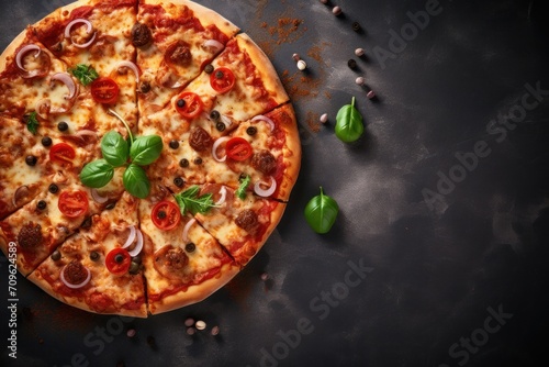  a pizza sitting on top of a table next to pepperoni and green leafy garnish on top of it.