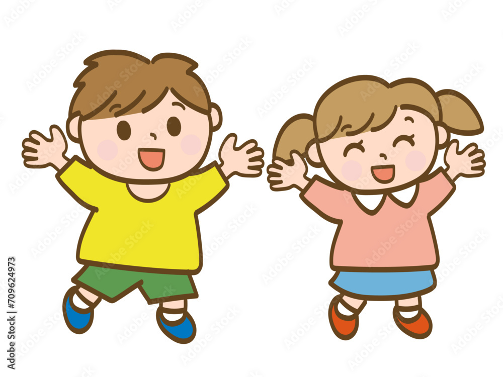 バンザイをして大喜びする男の子と女の子_小学生低学年_幼児 バンザイをして大喜びする男の子と女の子_小学生低学年_幼児