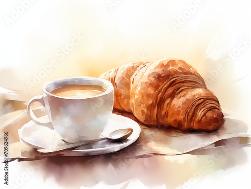 Elegant porcelain cup of delicious morning coffee and delicious fresh croissant on a saucer with dessert spoon  blurred sunny background