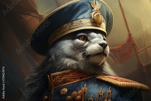  a close up of a cat wearing a suit of armor and a hat with a bird on top of it.