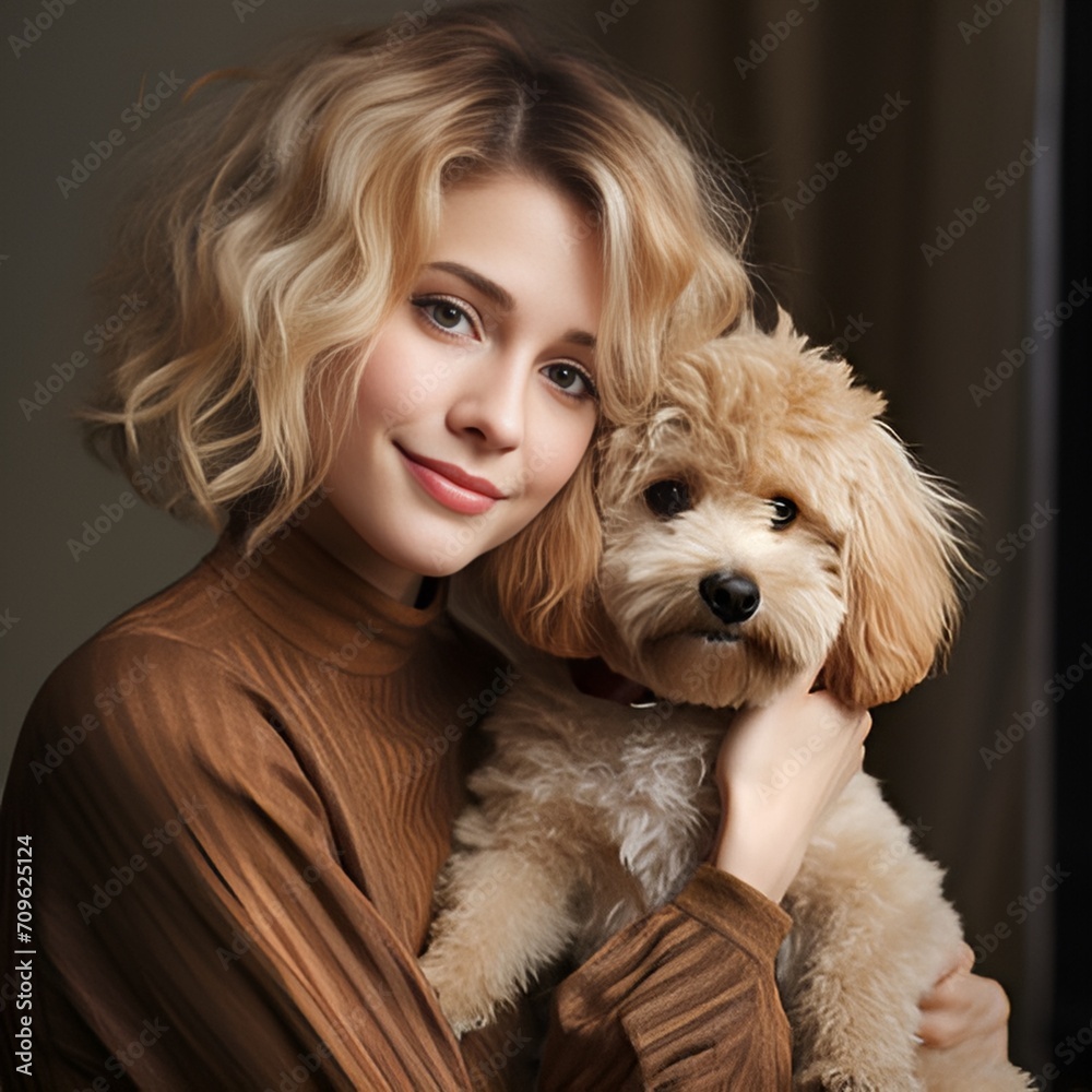 woman with a dog, Young blonde woman cuddling with her cute poodle woman with a dog, Young blonde woman cuddling with her cute poodle