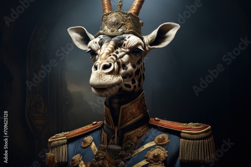  a giraffe dressed in a military uniform with a crown on it's head in a dark room.